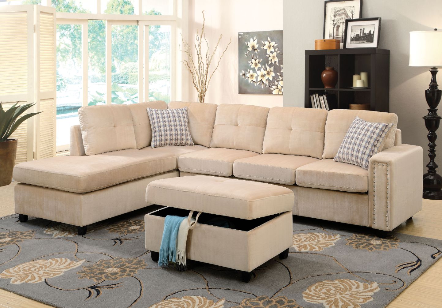 ACME Furniture Sectional Sofas - Belville Sectional Sofa w/Pillows (Reversible), Beige Velvet (1Set/2Ctn)