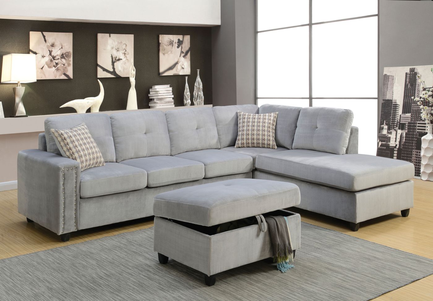 ACME Furniture Sectional Sofas - Belville Sectional Sofa w/Pillows (Reversible), Gray Velvet (1Set/2Ctn)