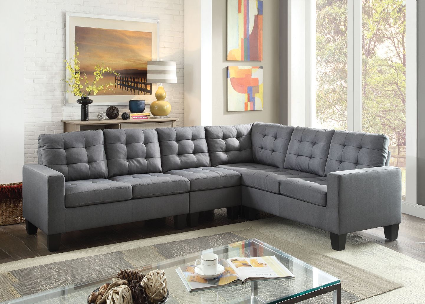 ACME Furniture TV & Media Units - Earsom Sectional Sofa, Gray Linen (1Set/2Ctn)