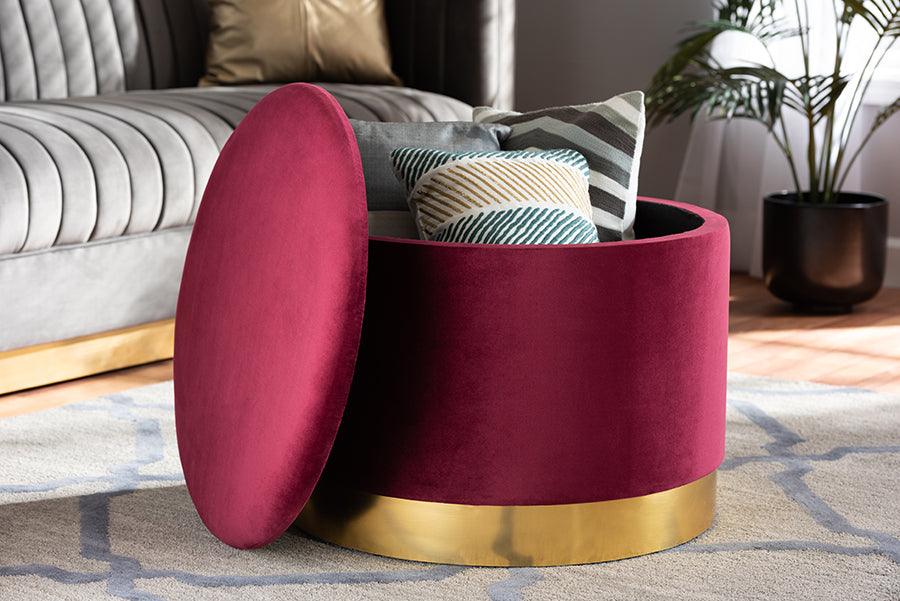 Wholesale Interiors Ottomans & Stools - Marisa Glam and Luxe Red Velvet Fabric Upholstered Gold Finished Storage Ottoman