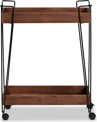 Wholesale Interiors Kitchen & Bar Carts - Reynard Industrial Walnut Brown Wood and Black Metal 2-Tier Wine Cart