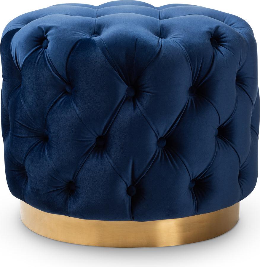 Wholesale Interiors Ottomans & Stools - Valeria Glam Royal Blue Velvet Fabric Upholstered Gold-Finished Button Tufted Ottoman