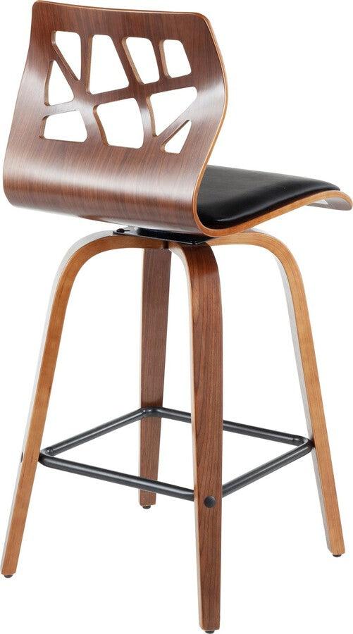 Lumisource Barstools - Folia Mid-Century Modern Counter Stool in Walnut Wood and Black Faux Leather - Set of 2