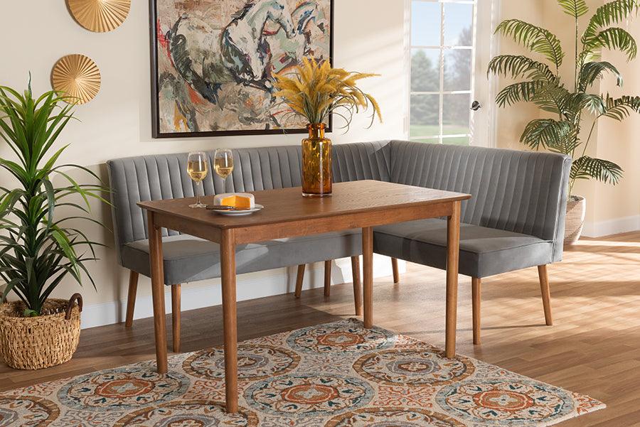Wholesale Interiors Dining Sets - Alvis Mid-Century Grey Velvet Upholstered and Walnut Brown Finished Wood 3-Piece Dining Nook Set