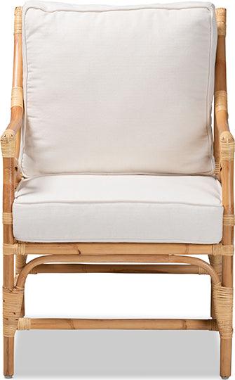 Wholesale Interiors Accent Chairs - Brandon Modern Bohemian White Fabric Upholstered and Natural Brown Rattan Armchair