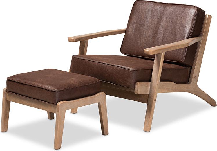 Wholesale Interiors Living Room Sets - Sigrid Brown Faux Leather Fabric Upholstered Antique Oak 2-Piece Wood Armchair And Ottoman Set