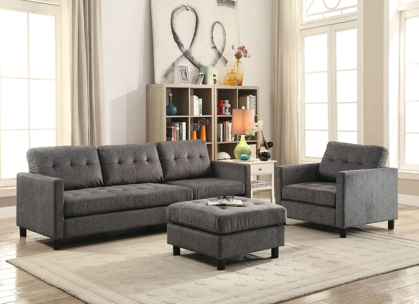 ACME Furniture TV & Media Units - Ceasar Sectional Sofa (Rev. Ottoman), Gray Fabric (1Set/2Ctn)