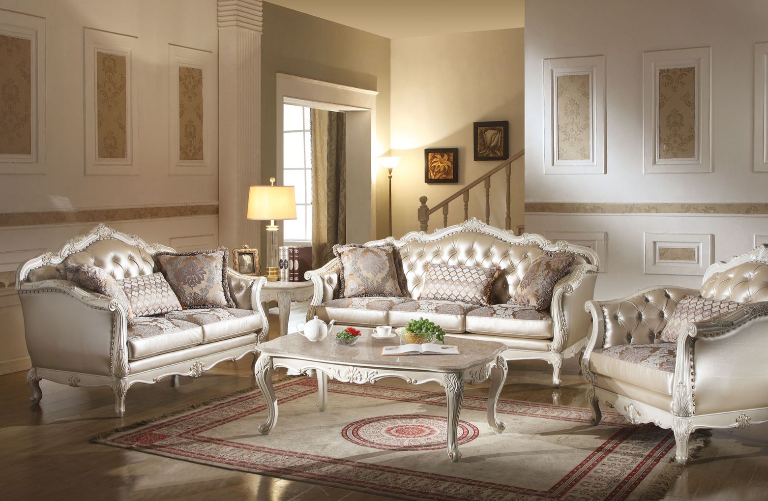 Sofa (w/3 Pillows), Rose Gold PU/Fabric & Pearl White 53540