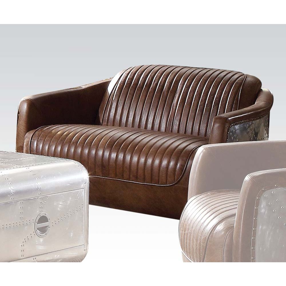 ACME Furniture TV & Media Units - Brancaster Loveseat, Retro Brown Top Grain Leather & Aluminum
