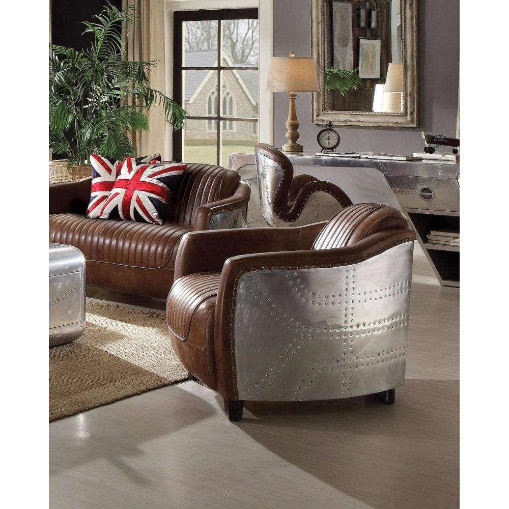 ACME Furniture TV & Media Units - Brancaster Chair, Retro Brown Top Grain Leather & Aluminum