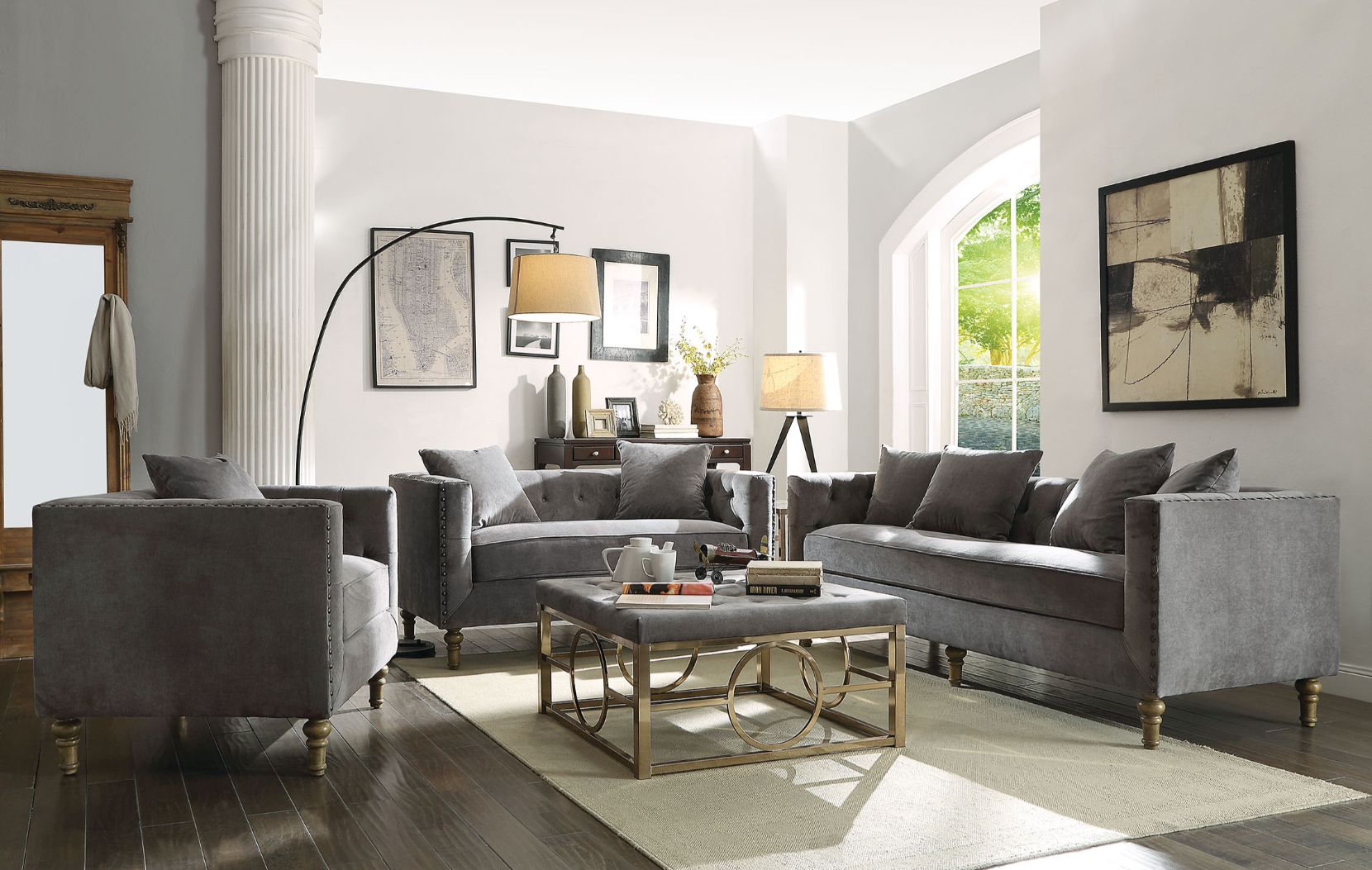 ACME Furniture TV & Media Units - Sidonia Sofa w/4 Pillows, Gray Velvet