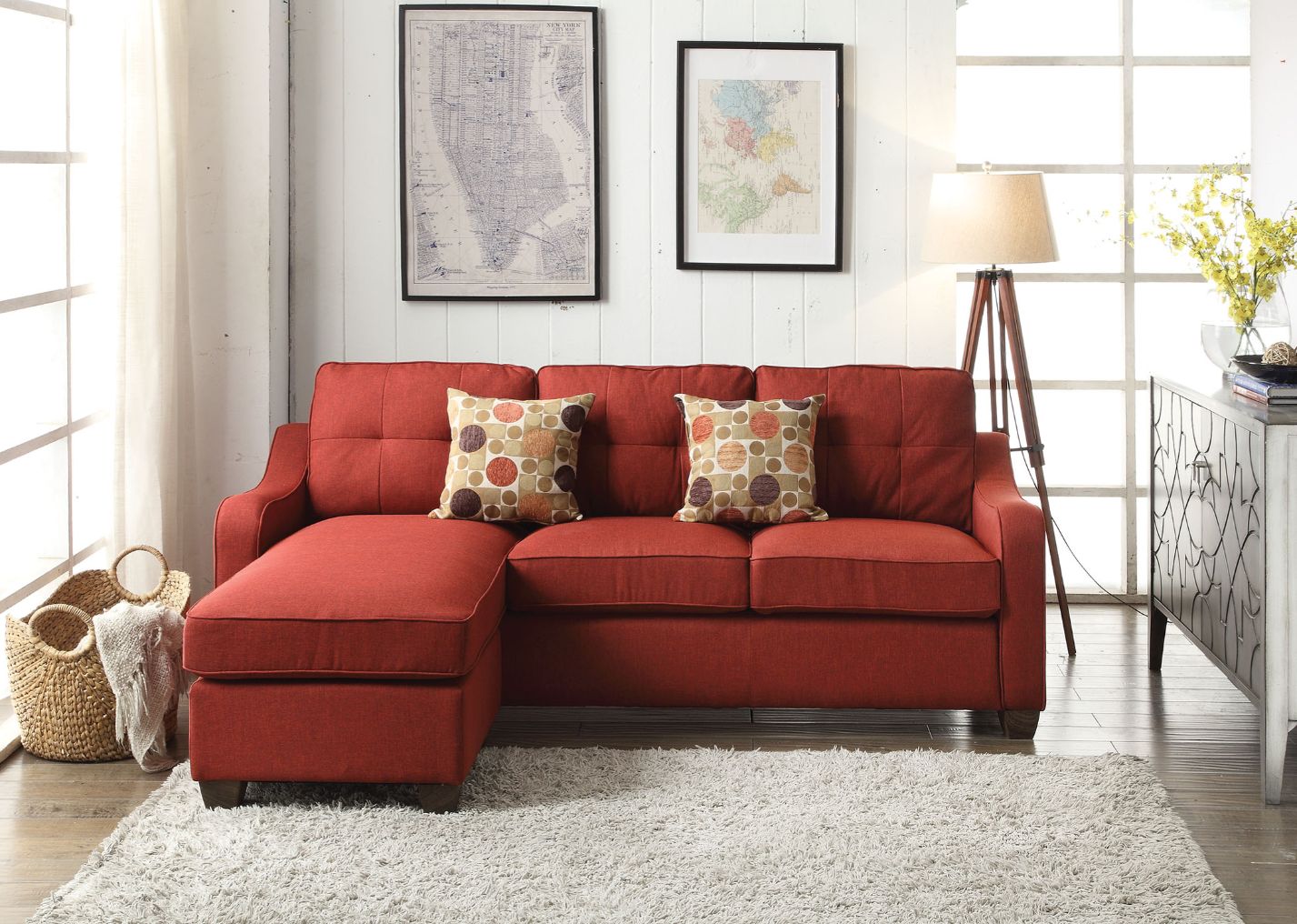 ACME Furniture Sofas & Couches - Cleavon II Sectional Sofa & 2 Pillows, Red Linen (53740)
