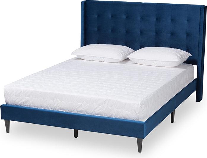 Wholesale Interiors Beds - Gothard Navy Blue Velvet Fabric Upholstered and Dark Brown Finished Wood Queen Size Platform Bed