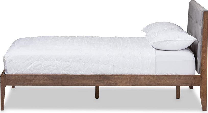 Wholesale Interiors Beds - Clifford Mid-Century Light Grey Fabric and Medium Brown Finish Wood Full Size Platform Bed