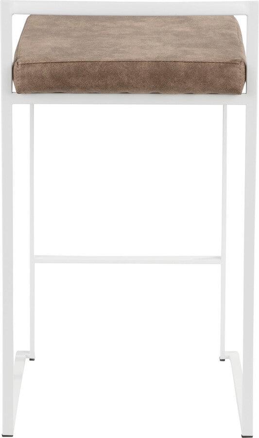 Lumisource Barstools - Fuji Contemporary Stackable Counter Stool in White with Brown Cowboy Fabric Cushion - Set of 2
