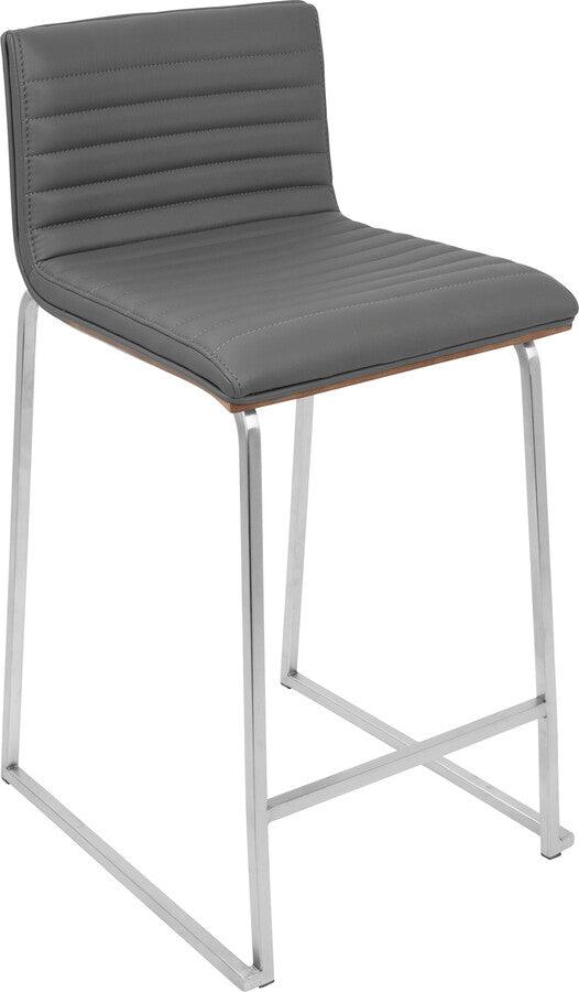Lumisource Barstools - Mara 26" Contemporary Counter Stool in Brushed Stainless Steel, Walnut Wood, and Grey Faux Leather