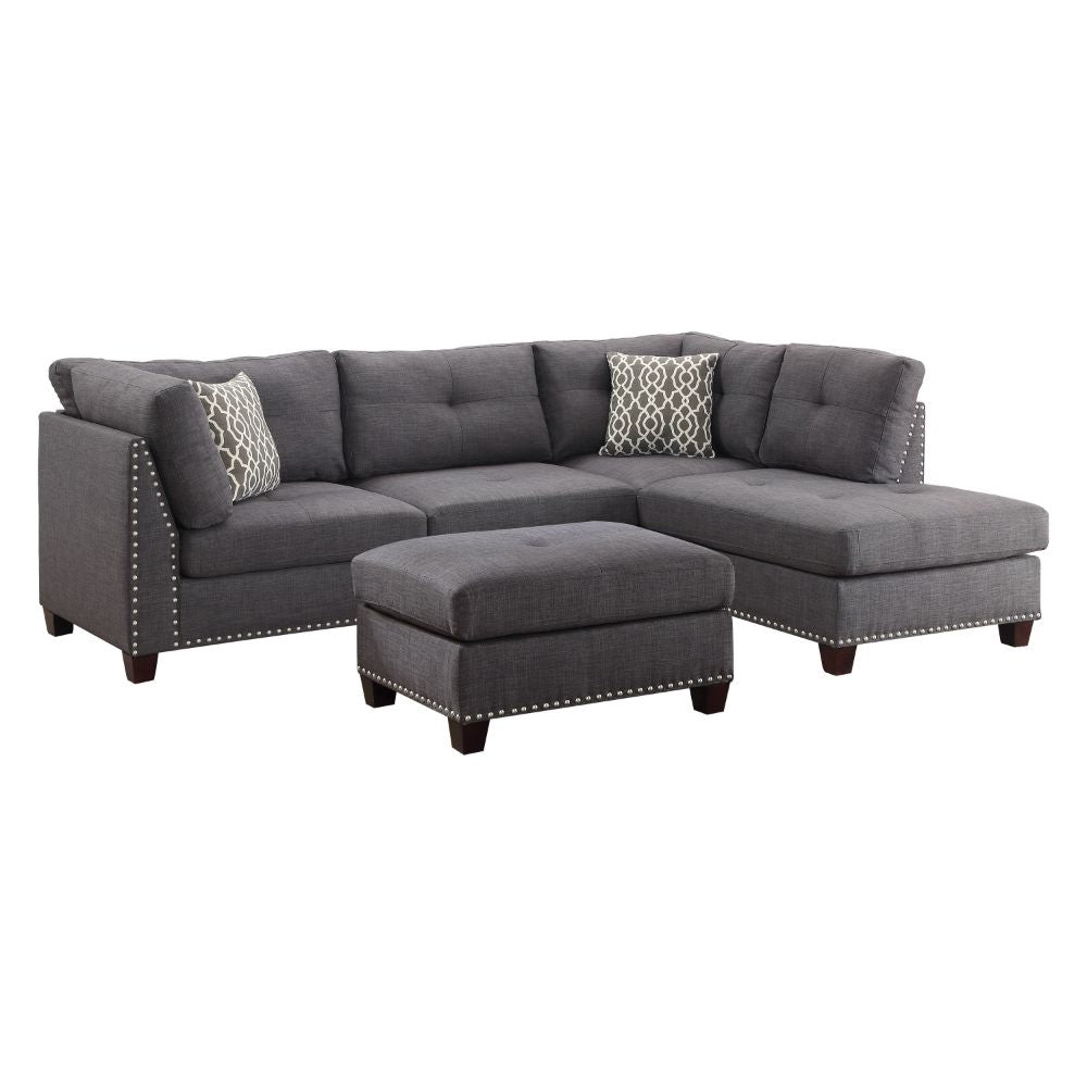 ACME Furniture TV & Media Units - Laurissa Sectional Sofa & Ottoman (2 Pillows), Light Charcoal Linen (1Set/2Ctn)