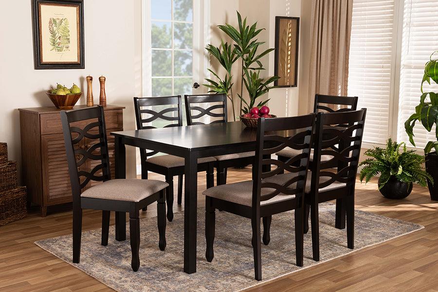 Wholesale Interiors Dining Sets - Lanier Sand Fabric Upholstered Dark Brown Finished Wood 7-Piece Dining Set