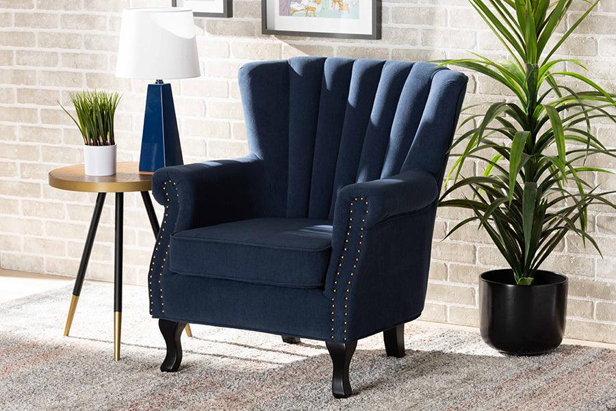 Wholesale Interiors Accent Chairs - Relena Navy Blue Velvet Fabric Upholstered and Dark Brown Finished Wood Armchair