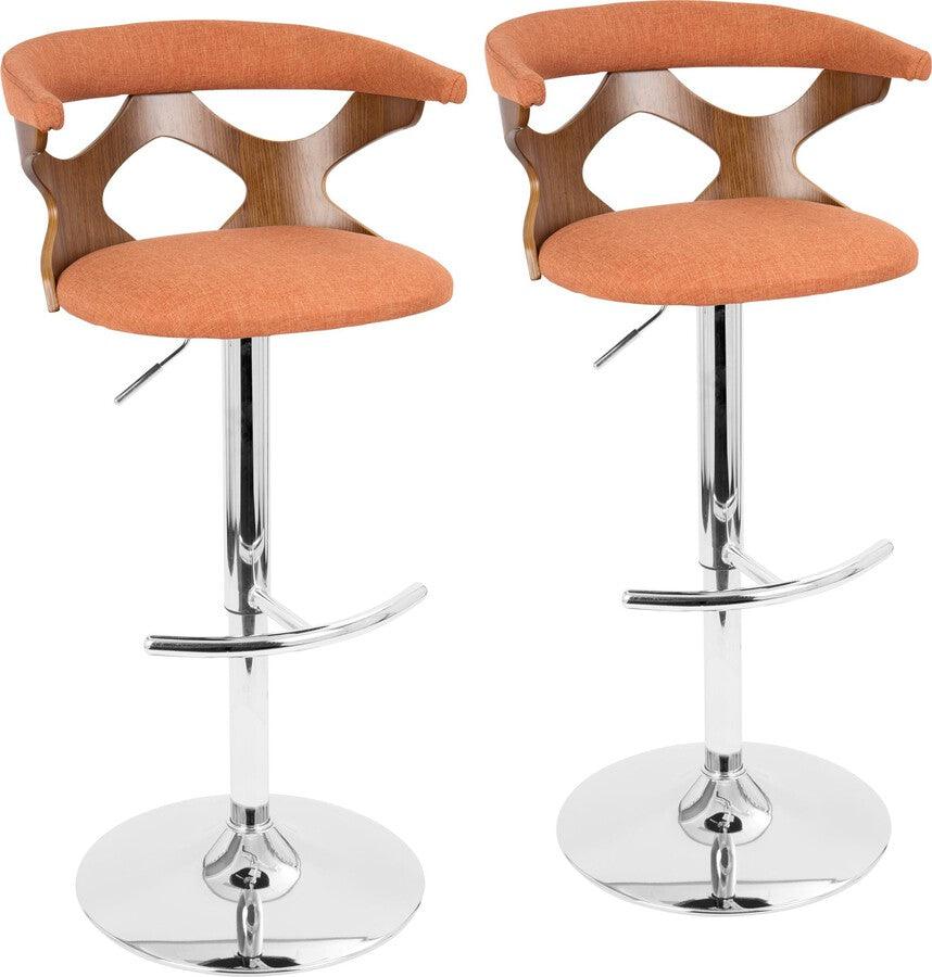 Lumisource Barstools - Gardenia Adjustable Barstool With Swivel In Chrome, Walnut Wood & Orange Fabric (Set of 2)