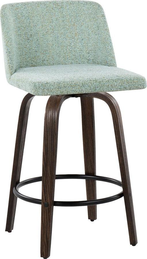 Lumisource Barstools - Toriano 26" Fixed Height Counter Stool With Swivel In Walnut Wood & Light Green Fabric (Set of 2)