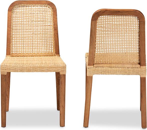 Wholesale Interiors Dining Chairs - Caspia Mid-Century Modern Walnut Brown Mahogany Wood and Natural Rattan 2-Piece Dining Chair Set