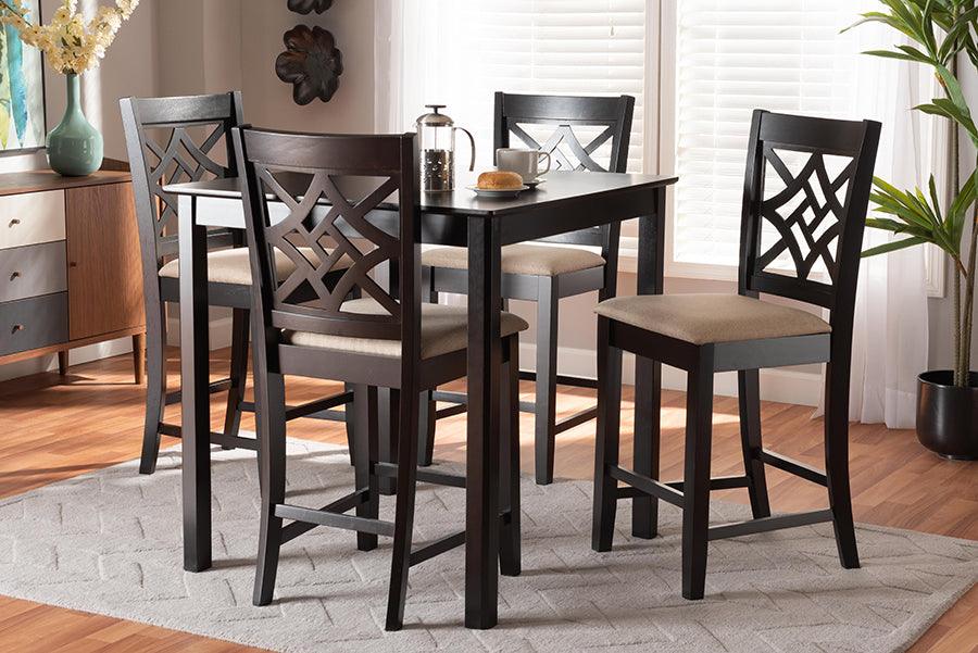 Wholesale Interiors Dining Sets - Nicolette Sand Fabric Upholstered and Dark Brown Finished Wood 5-Piece Pub Set