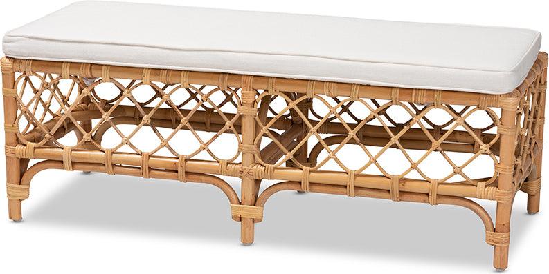 Wholesale Interiors Benches - Orchard Modern Bohemian White Fabric Upholstered and Natural Brown Rattan Bench