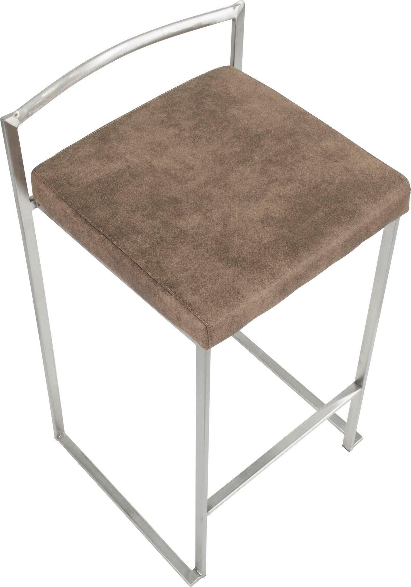 Lumisource Barstools - Fuji Stacker Counter Stool (Set of 2) Stainless Steel & Brown Cowboy