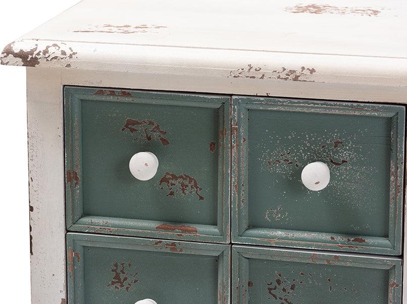 Wholesale Interiors Chest of Drawers - Angeline Antique French Country Cottage Distressed White and Teal Wood 5-Drawer Storage Cabinet