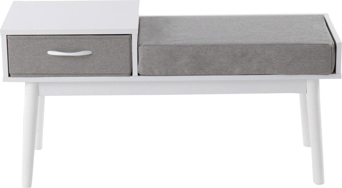 Lumisource Benches - Telephone Contemporary Bench in White Wood and Grey Fabric with Pull-Out Drawer