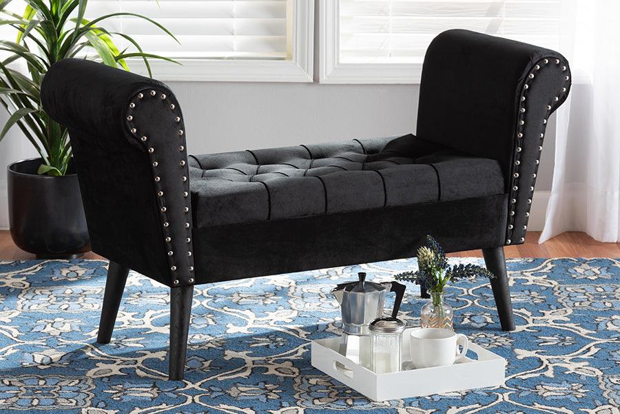 Wholesale Interiors Benches - Hanayo Contemporary Glam and Luxe Black Velvet Fabric Upholstered Black Finished Wood Bench