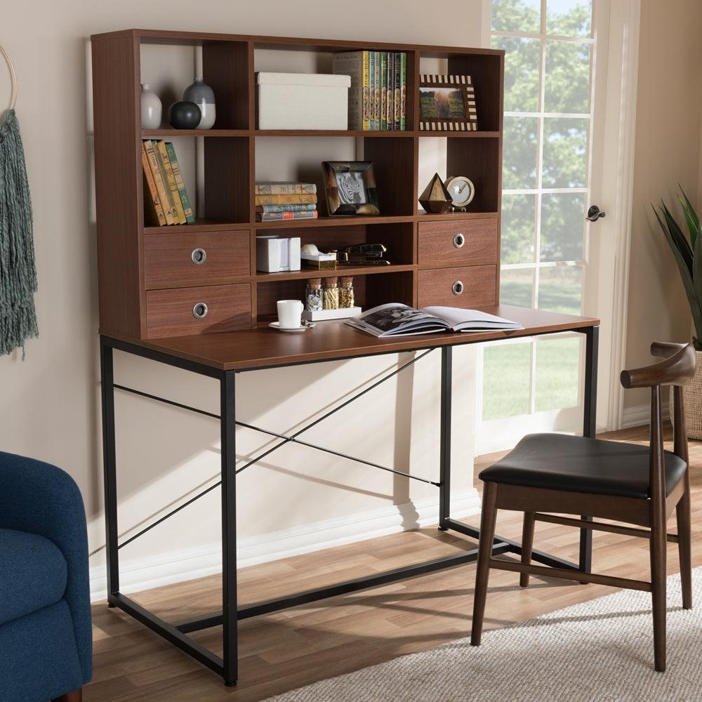 Tobias Mid-Century Modern Two-Tone White and Walnut Brown Finished Wood  Storage Computer Desk with Shelves