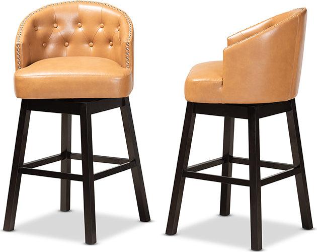 Wholesale Interiors Barstools - Theron Tan Faux Leather Upholstered and Dark Brown Finished Wood 2-Piece Swivel Bar Stool Set