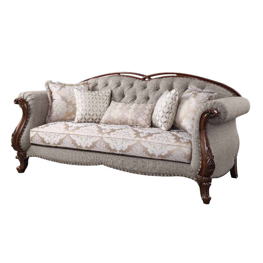 ACME Furniture Sofas & Couches - ACME Miyeon Sofa w/5 Pillows, Fabric & Cherry