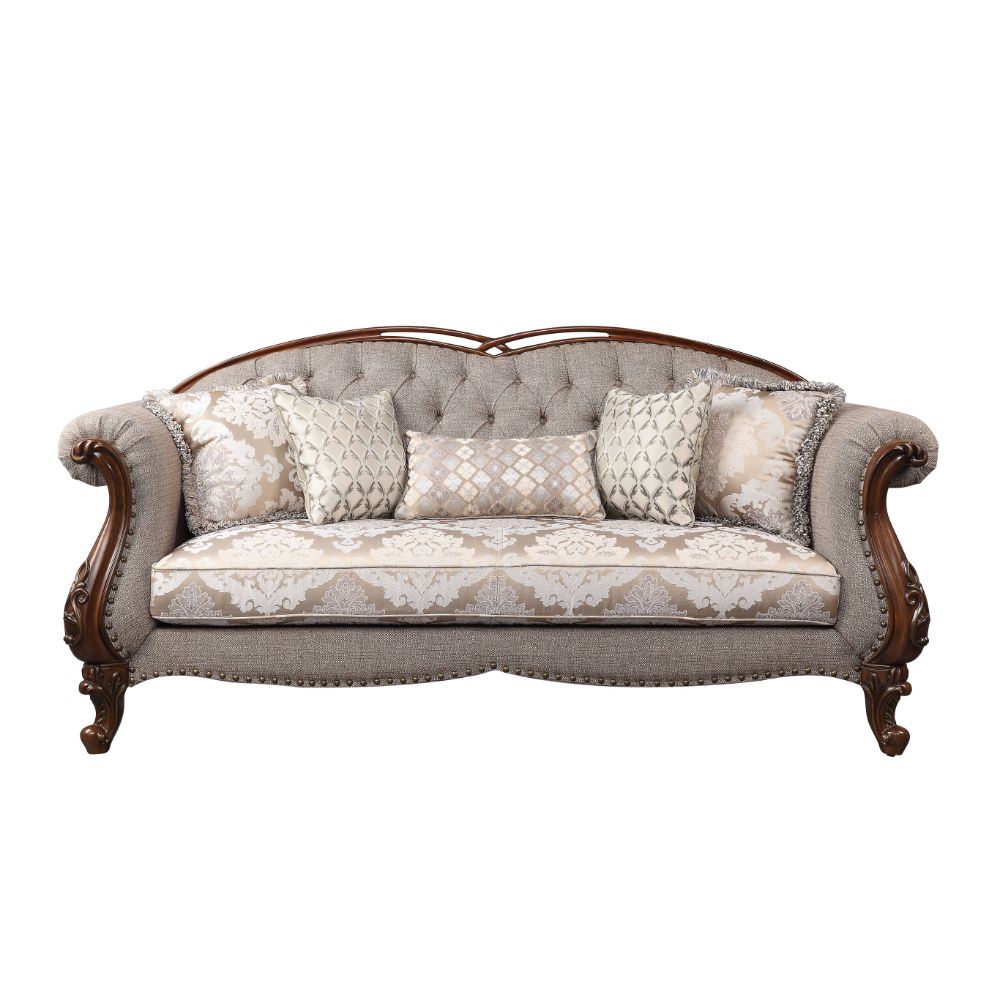 ACME Furniture Sofas & Couches - ACME Miyeon Sofa w/5 Pillows, Fabric & Cherry