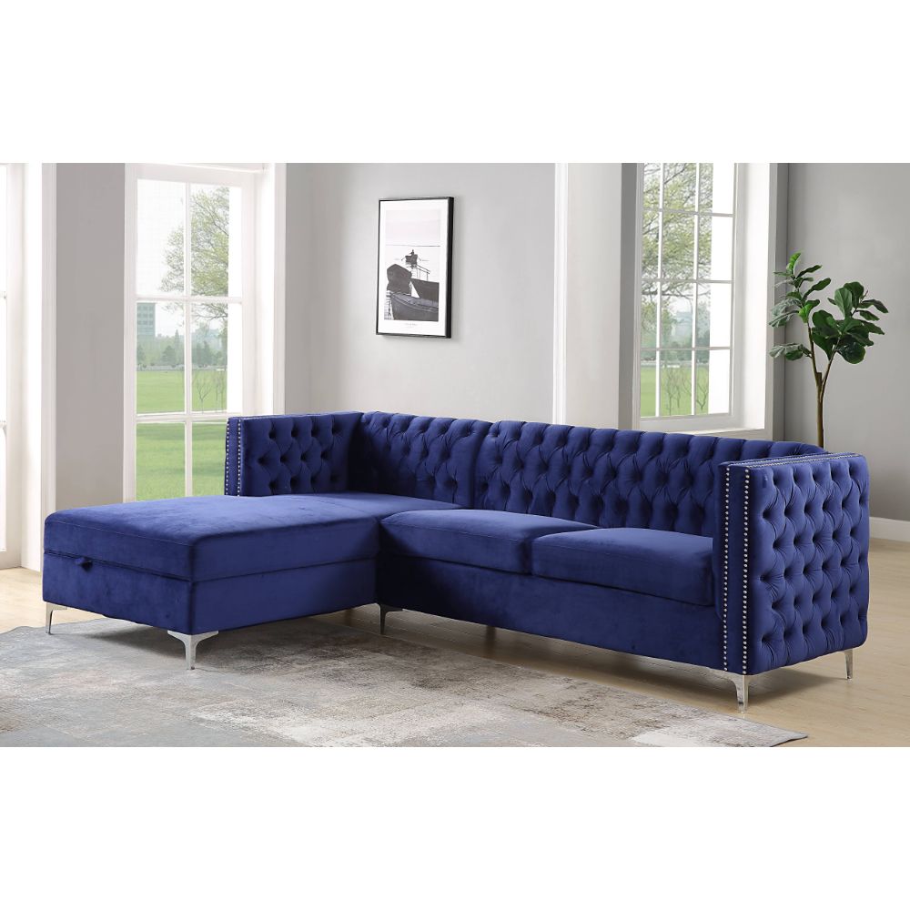 ACME Furniture Sofas & Couches - ACME Sullivan Sectional Sofa, Navy Blue Velvet