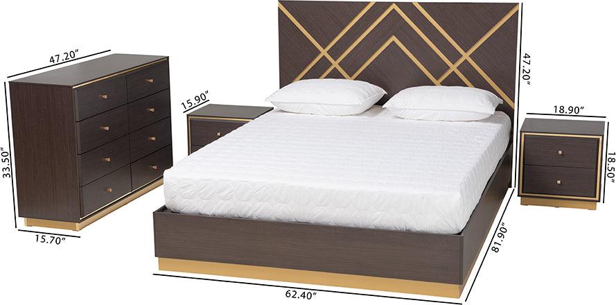 Wholesale Interiors Bedroom Sets - Arcelia Two-Tone Dark Brown and Gold Finished Wood Queen Size 4-Piece Bedroom Set