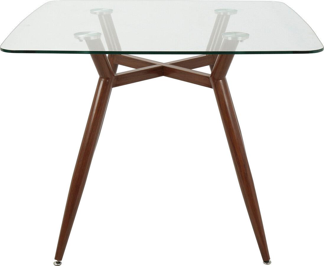 Lumisource Dining Tables - Clara Mid-Century Modern Square Dining Table with Walnut Metal Legs and Clear Glass Top