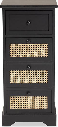 Wholesale Interiors Cabinets & Wardrobes - Dacey Mid-Century Modern Espresso Brown Wood and Rattan 4-Drawer Storage Cabinet