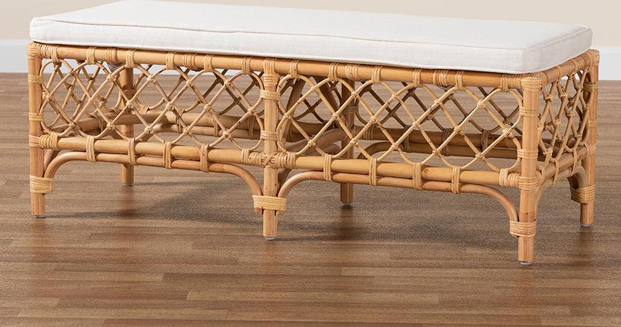 Wholesale Interiors Benches - Orchard Modern Bohemian White Fabric Upholstered and Natural Brown Rattan Bench