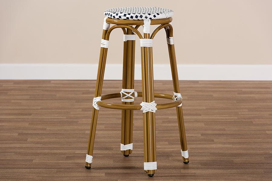 Wholesale Interiors Outdoor Barstools - Joelle Classic French Indoor and Outdoor Navy and White Bamboo Style Stackable Bistro