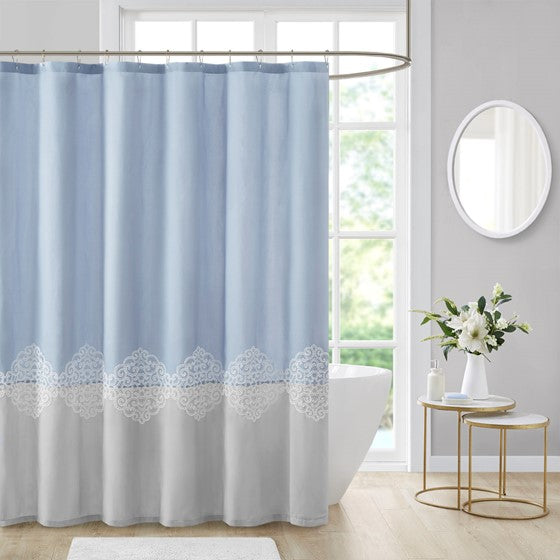 Olliix.com Shower Curtains - Pieced and Embroidered Shower Curtain Blue