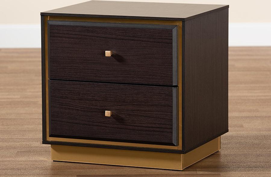 Wholesale Interiors Nightstands & Side Tables - Cormac Mid-Century Modern Dark Brown Finished Wood and Gold Metal 2-Drawer Nightstand