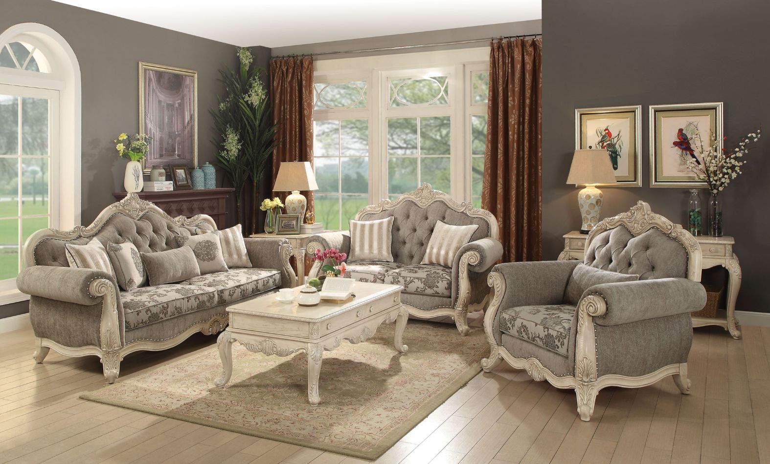 Sofa (w/5 Pillows), Gray Fabric & Antique White 56020