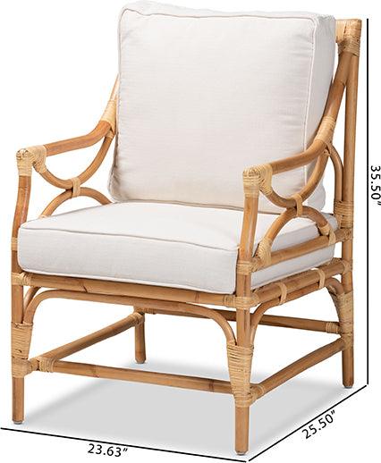 Wholesale Interiors Accent Chairs - Brandon Modern Bohemian White Fabric Upholstered and Natural Brown Rattan Armchair