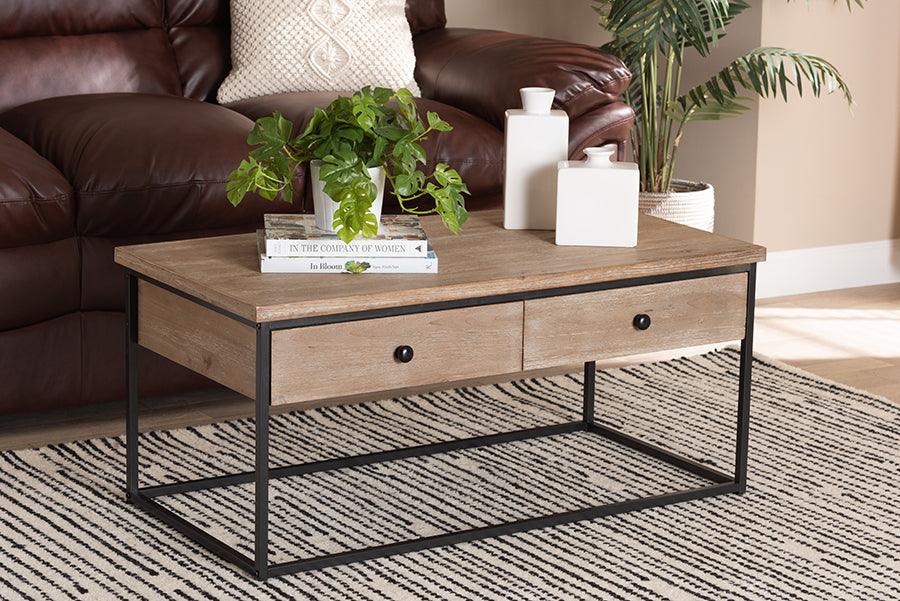 Wholesale Interiors Coffee Tables - Roderick Weathered Oak Finished Wood and Black Metal 2-Drawer Coffee Table