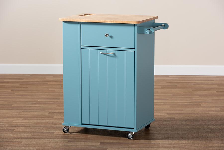 Wholesale Interiors Bar Units & Wine Cabinets - Liona Modern and Contemporary Sky Blue Finished Wood Kitchen Storage Cart