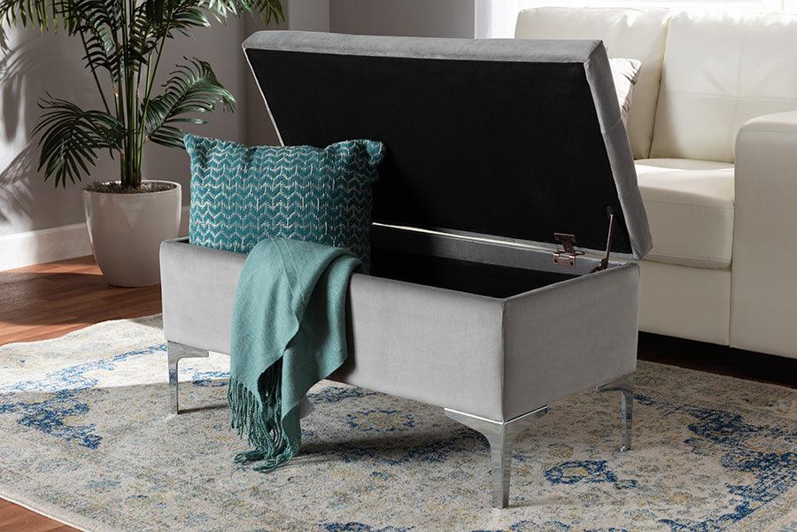 Wholesale Interiors Ottomans & Stools - Mabel Modern Transitional Grey Velvet Fabric Upholstered Silver Finished Storage Ottoman