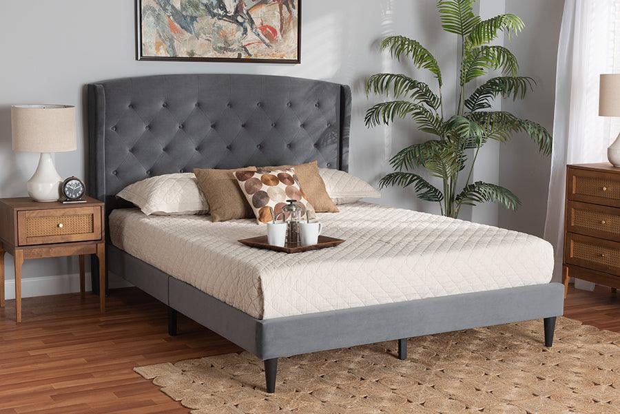 Wholesale Interiors Beds - Joanna Grey Velvet Fabric Upholstered and Dark Brown Finished Wood King Size Platform Bed